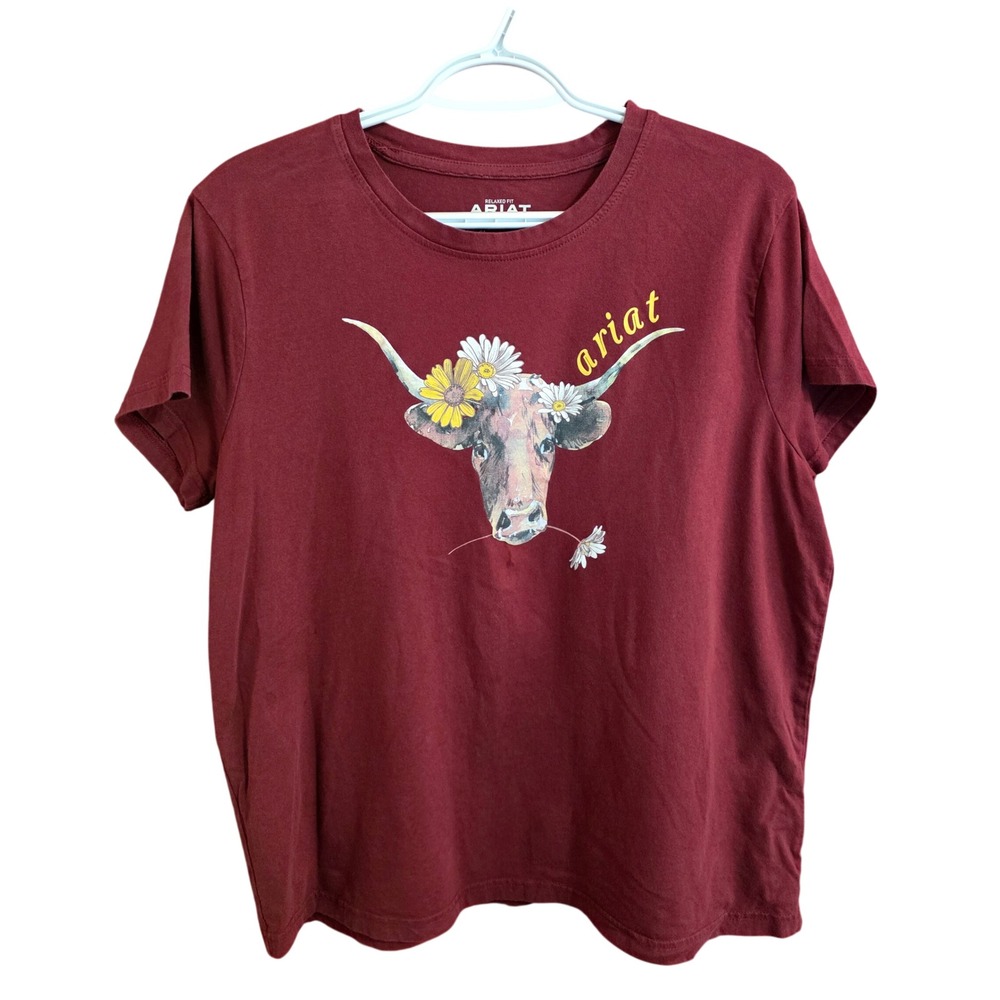 Ariat Womens Relaxed Fit Graphic T-Shirt Burgundy Longhorn Daisy Cow Tee XL